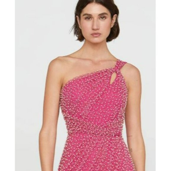 Theia Sz 4 Pearl Embellished One-Shoulder Fuchsia Beaded Dress NWT - Picture 2 of 9